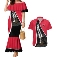 Trinidad and Tobago Flag Crest Design Couples Matching Mermaid Dress and Hawaiian Shirt with Bold Red Black Diagonal Layout - Wonder Print Shop