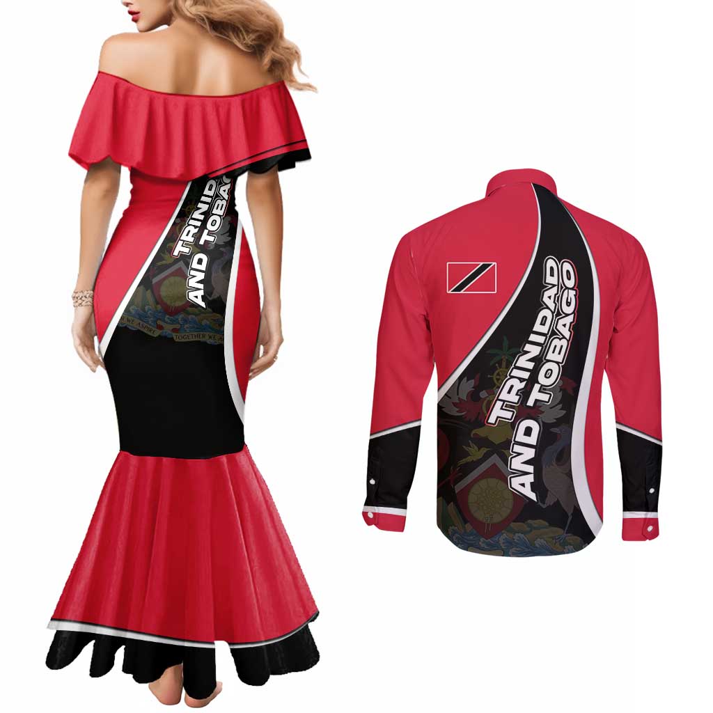 Trinidad and Tobago Flag Crest Design Couples Matching Mermaid Dress and Long Sleeve Button Shirt with Bold Red Black Diagonal Layout - Wonder Print Shop
