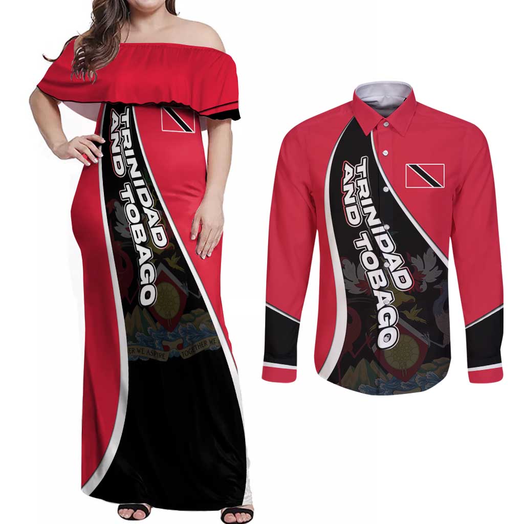 Trinidad and Tobago Flag Crest Design Couples Matching Off Shoulder Maxi Dress and Long Sleeve Button Shirt with Bold Red Black Diagonal Layout - Wonder Print Shop