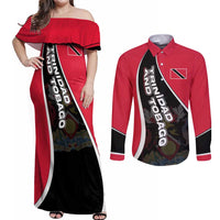Trinidad and Tobago Flag Crest Design Couples Matching Off Shoulder Maxi Dress and Long Sleeve Button Shirt with Bold Red Black Diagonal Layout - Wonder Print Shop
