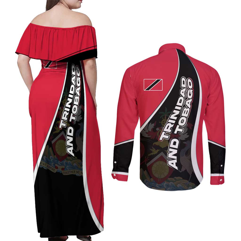 Trinidad and Tobago Flag Crest Design Couples Matching Off Shoulder Maxi Dress and Long Sleeve Button Shirt with Bold Red Black Diagonal Layout - Wonder Print Shop