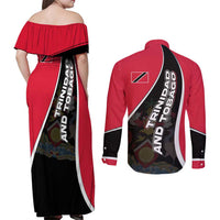 Trinidad and Tobago Flag Crest Design Couples Matching Off Shoulder Maxi Dress and Long Sleeve Button Shirt with Bold Red Black Diagonal Layout - Wonder Print Shop