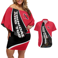 Trinidad and Tobago Flag Crest Design Couples Matching Off Shoulder Short Dress and Hawaiian Shirt with Bold Red Black Diagonal Layout - Wonder Print Shop