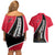 Trinidad and Tobago Flag Crest Design Couples Matching Off Shoulder Short Dress and Hawaiian Shirt with Bold Red Black Diagonal Layout - Wonder Print Shop