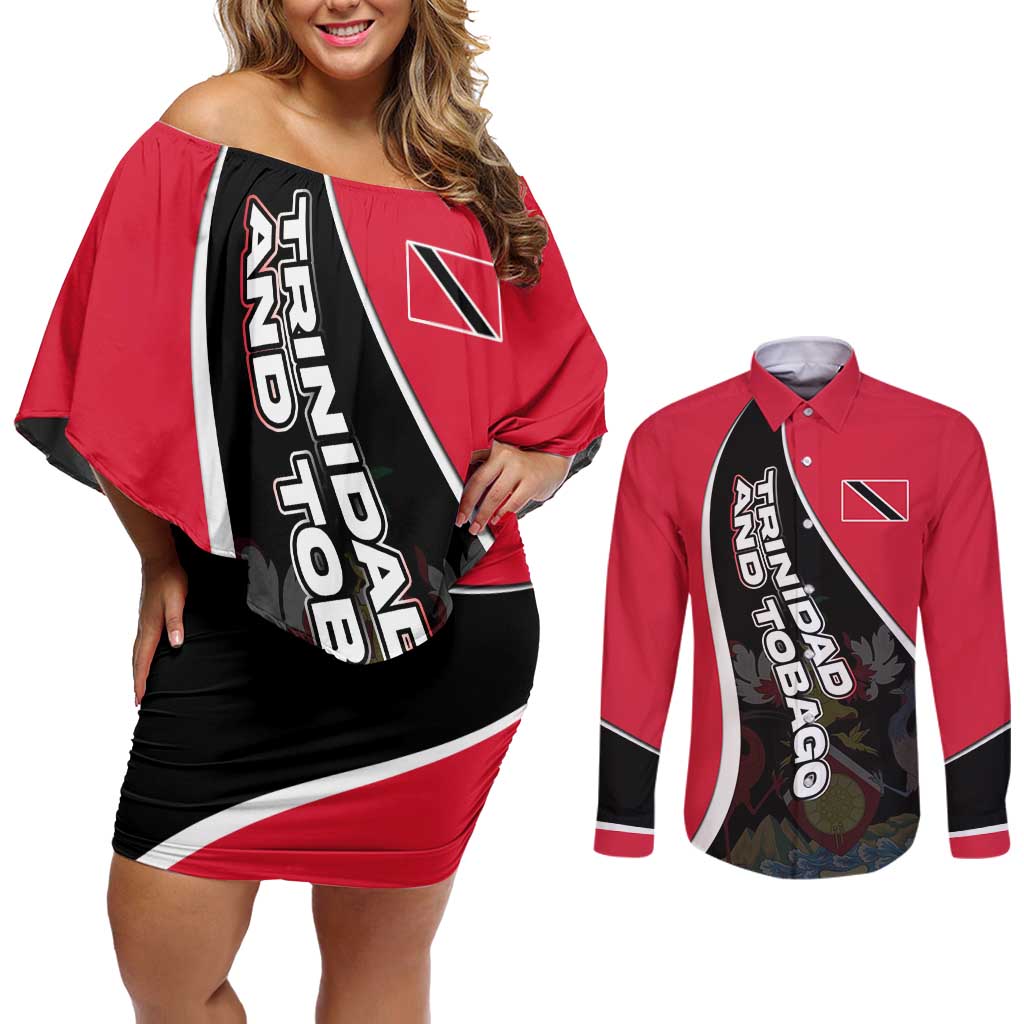 Trinidad and Tobago Flag Crest Design Couples Matching Off Shoulder Short Dress and Long Sleeve Button Shirt with Bold Red Black Diagonal Layout - Wonder Print Shop