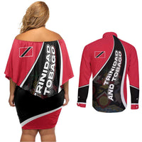 Trinidad and Tobago Flag Crest Design Couples Matching Off Shoulder Short Dress and Long Sleeve Button Shirt with Bold Red Black Diagonal Layout - Wonder Print Shop