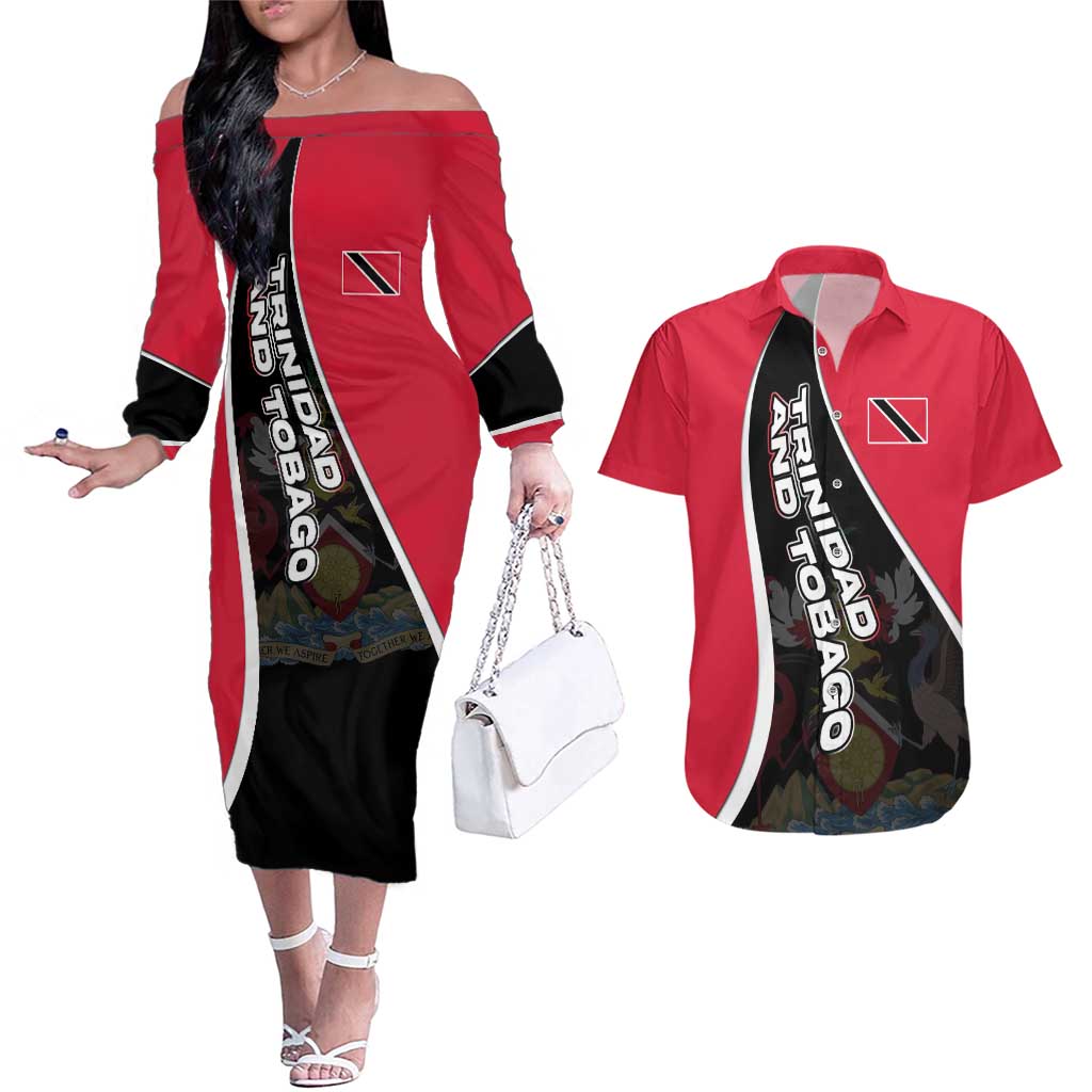 Trinidad and Tobago Flag Crest Design Couples Matching Off The Shoulder Long Sleeve Dress and Hawaiian Shirt with Bold Red Black Diagonal Layout - Wonder Print Shop