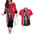 Trinidad and Tobago Flag Crest Design Couples Matching Off The Shoulder Long Sleeve Dress and Hawaiian Shirt with Bold Red Black Diagonal Layout - Wonder Print Shop