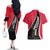 Trinidad and Tobago Flag Crest Design Couples Matching Off The Shoulder Long Sleeve Dress and Hawaiian Shirt with Bold Red Black Diagonal Layout - Wonder Print Shop