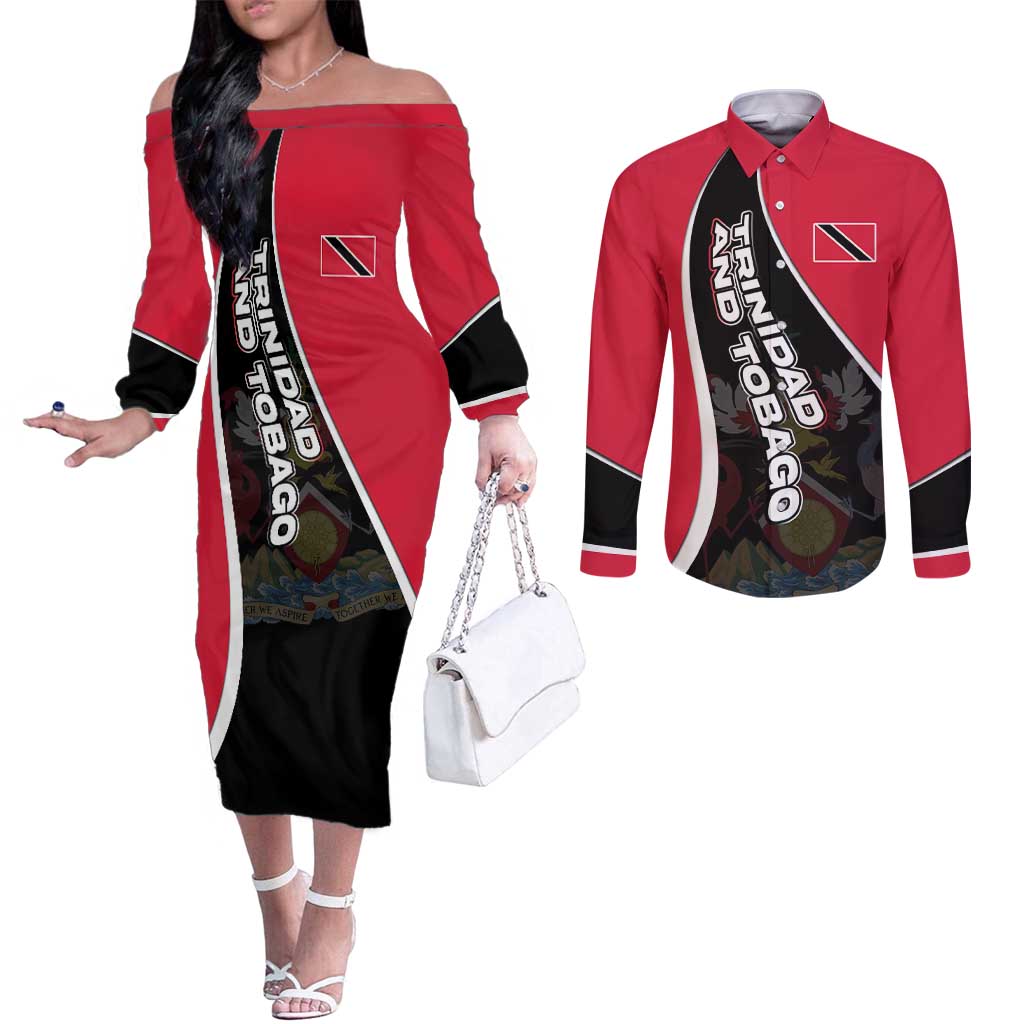 Trinidad and Tobago Flag Crest Design Couples Matching Off The Shoulder Long Sleeve Dress and Long Sleeve Button Shirt with Bold Red Black Diagonal Layout - Wonder Print Shop