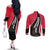Trinidad and Tobago Flag Crest Design Couples Matching Off The Shoulder Long Sleeve Dress and Long Sleeve Button Shirt with Bold Red Black Diagonal Layout - Wonder Print Shop