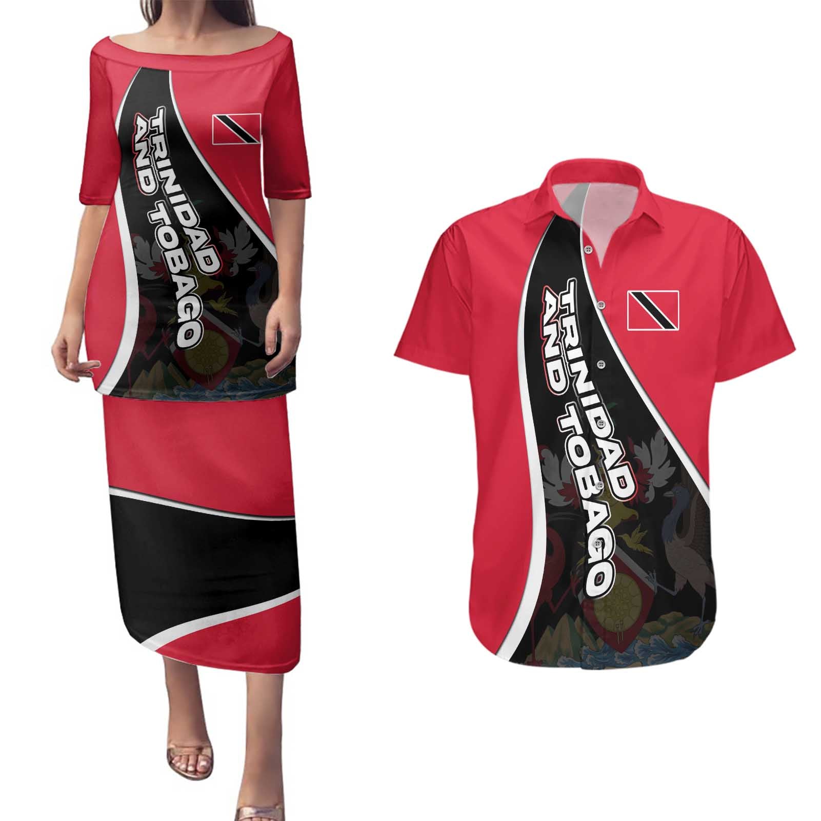 Trinidad and Tobago Flag Crest Design Couples Matching Puletasi and Hawaiian Shirt with Bold Red Black Diagonal Layout - Wonder Print Shop