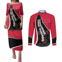 Trinidad and Tobago Flag Crest Design Couples Matching Puletasi and Long Sleeve Button Shirt with Bold Red Black Diagonal Layout - Wonder Print Shop