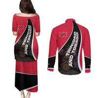 Trinidad and Tobago Flag Crest Design Couples Matching Puletasi and Long Sleeve Button Shirt with Bold Red Black Diagonal Layout - Wonder Print Shop