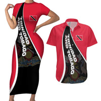 Trinidad and Tobago Flag Crest Design Couples Matching Short Sleeve Bodycon Dress and Hawaiian Shirt with Bold Red Black Diagonal Layout - Wonder Print Shop