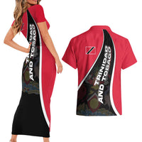 Trinidad and Tobago Flag Crest Design Couples Matching Short Sleeve Bodycon Dress and Hawaiian Shirt with Bold Red Black Diagonal Layout - Wonder Print Shop