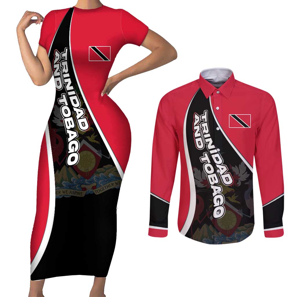 Trinidad and Tobago Flag Crest Design Couples Matching Short Sleeve Bodycon Dress and Long Sleeve Button Shirt with Bold Red Black Diagonal Layout - Wonder Print Shop