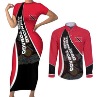 Trinidad and Tobago Flag Crest Design Couples Matching Short Sleeve Bodycon Dress and Long Sleeve Button Shirt with Bold Red Black Diagonal Layout - Wonder Print Shop