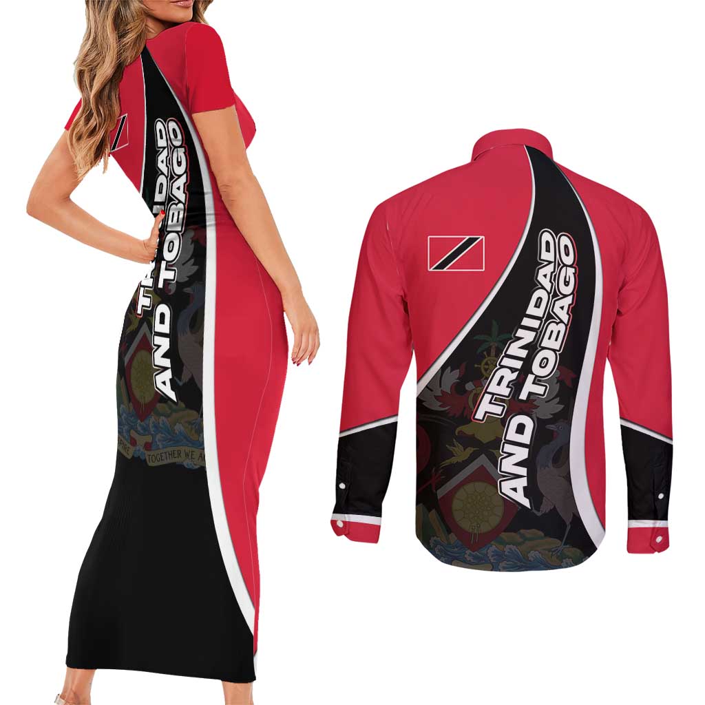 Trinidad and Tobago Flag Crest Design Couples Matching Short Sleeve Bodycon Dress and Long Sleeve Button Shirt with Bold Red Black Diagonal Layout - Wonder Print Shop