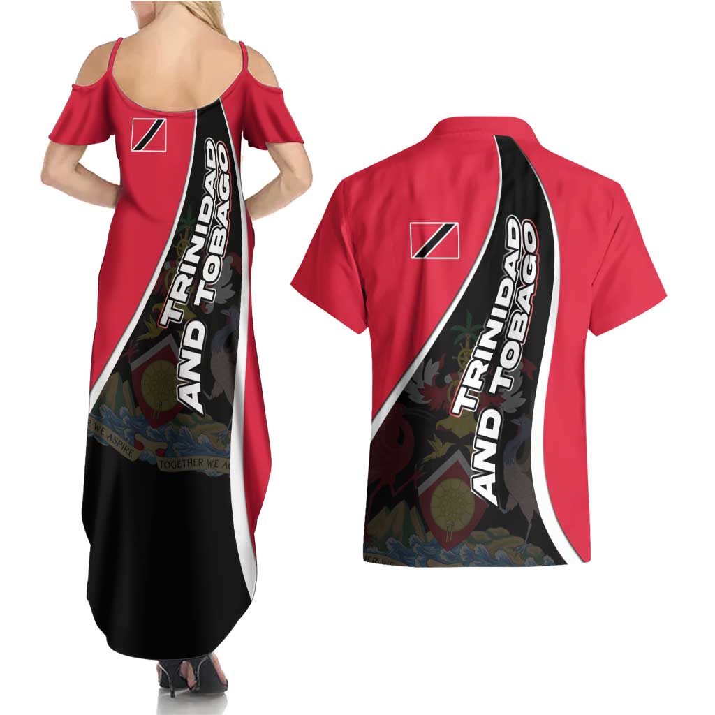 Trinidad and Tobago Flag Crest Design Couples Matching Summer Maxi Dress and Hawaiian Shirt with Bold Red Black Diagonal Layout - Wonder Print Shop