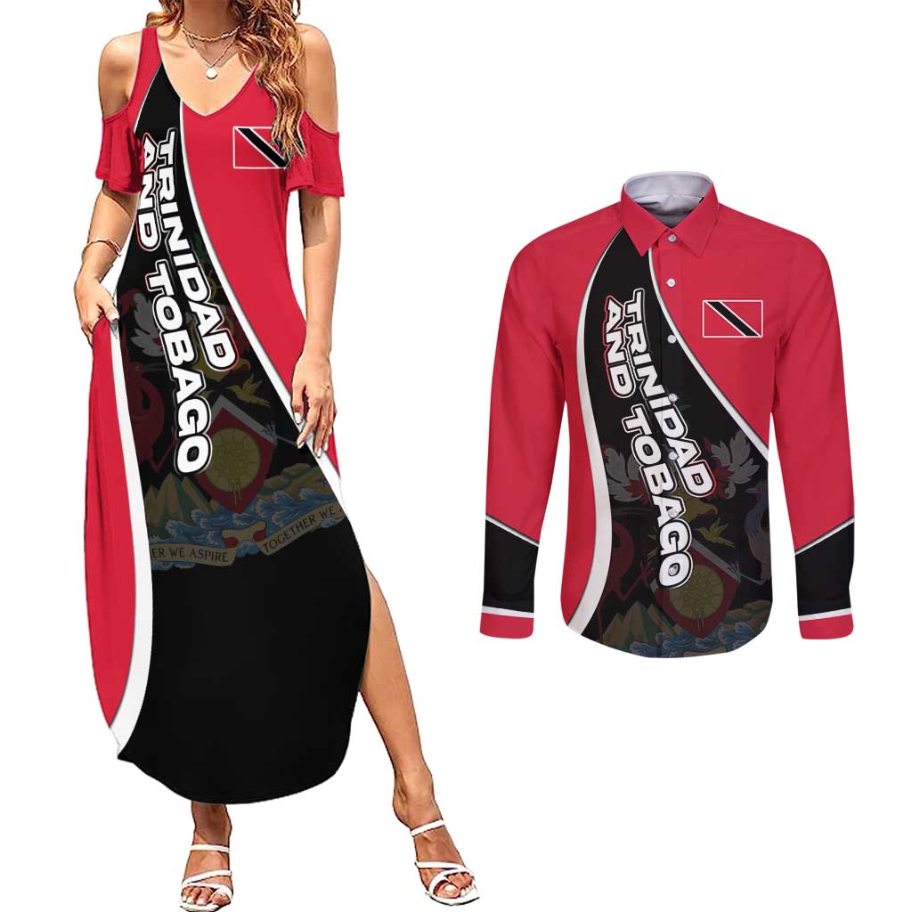 Trinidad and Tobago Flag Crest Design Couples Matching Summer Maxi Dress and Long Sleeve Button Shirt with Bold Red Black Diagonal Layout - Wonder Print Shop