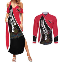Trinidad and Tobago Flag Crest Design Couples Matching Summer Maxi Dress and Long Sleeve Button Shirt with Bold Red Black Diagonal Layout - Wonder Print Shop
