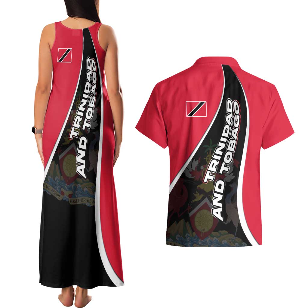 Trinidad and Tobago Flag Crest Design Couples Matching Tank Maxi Dress and Hawaiian Shirt with Bold Red Black Diagonal Layout - Wonder Print Shop