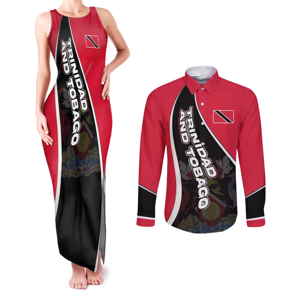 Trinidad and Tobago Flag Crest Design Couples Matching Tank Maxi Dress and Long Sleeve Button Shirt with Bold Red Black Diagonal Layout - Wonder Print Shop
