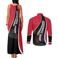 Trinidad and Tobago Flag Crest Design Couples Matching Tank Maxi Dress and Long Sleeve Button Shirt with Bold Red Black Diagonal Layout - Wonder Print Shop