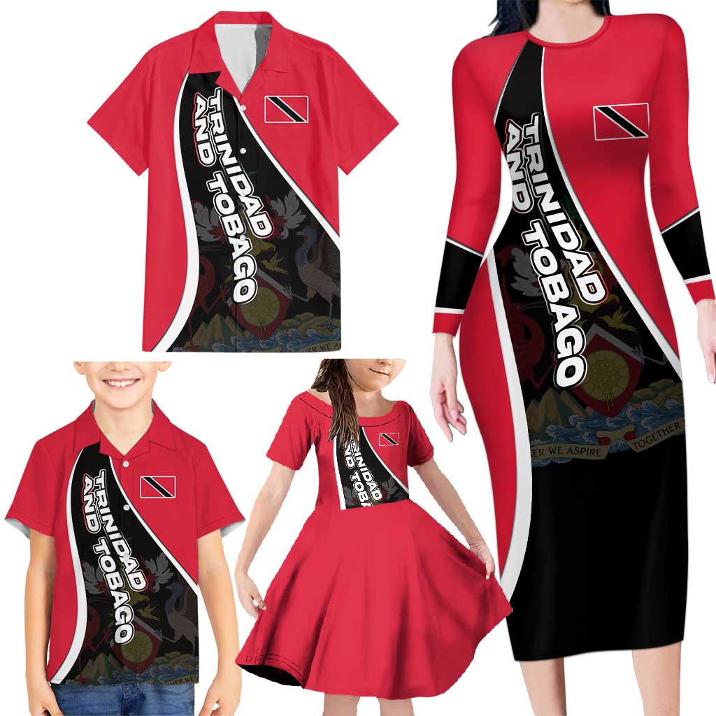 Trinidad and Tobago Flag Crest Design Family Matching Long Sleeve Bodycon Dress and Hawaiian Shirt with Bold Red Black Diagonal Layout - Wonder Print Shop