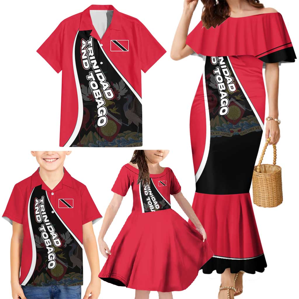 Trinidad and Tobago Flag Crest Design Family Matching Mermaid Dress and Hawaiian Shirt with Bold Red Black Diagonal Layout - Wonder Print Shop