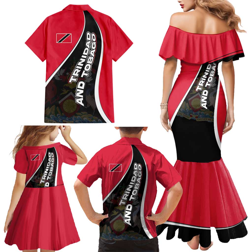 Trinidad and Tobago Flag Crest Design Family Matching Mermaid Dress and Hawaiian Shirt with Bold Red Black Diagonal Layout - Wonder Print Shop