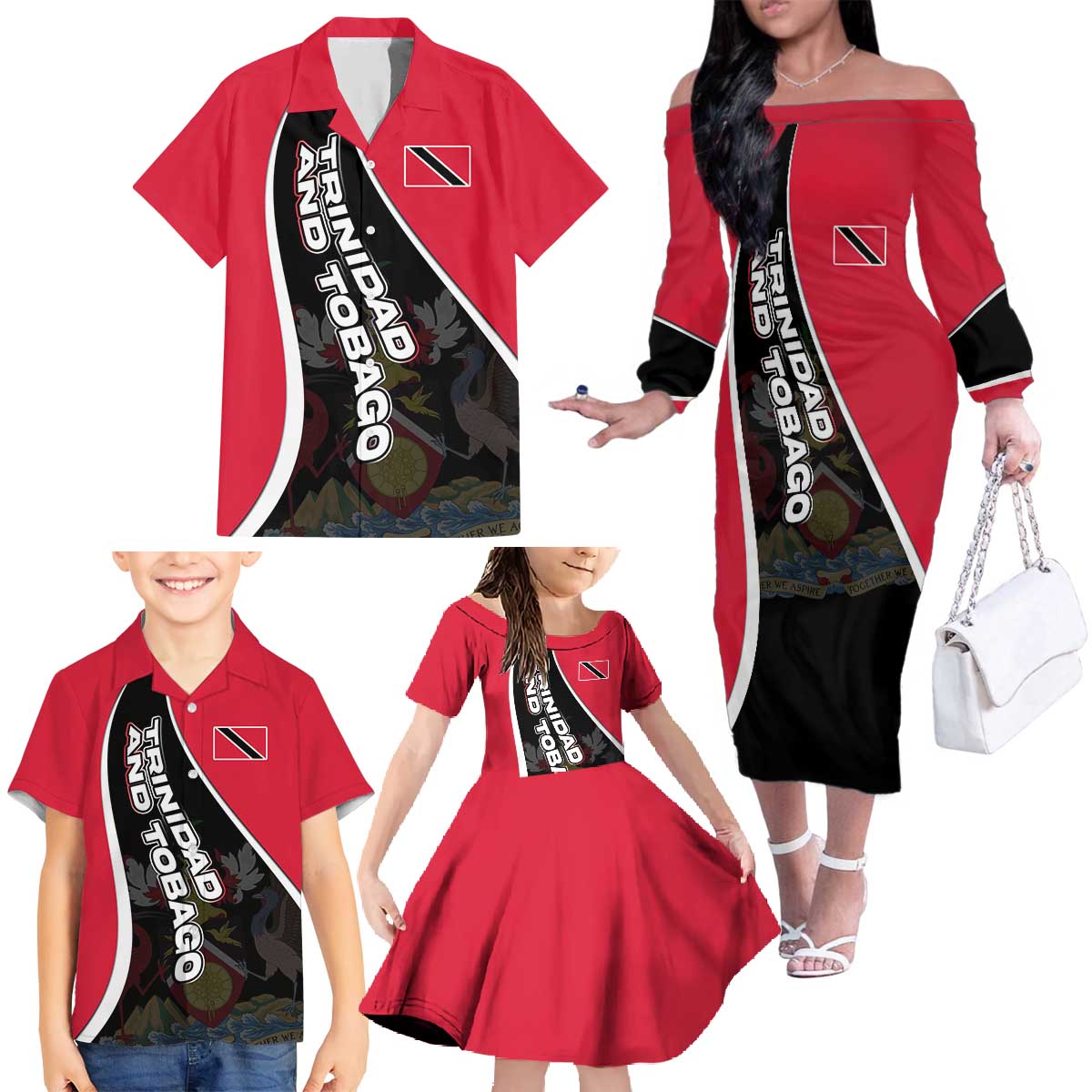 Trinidad and Tobago Flag Crest Design Family Matching Off The Shoulder Long Sleeve Dress and Hawaiian Shirt with Bold Red Black Diagonal Layout - Wonder Print Shop