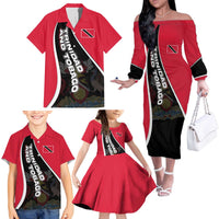 Trinidad and Tobago Flag Crest Design Family Matching Off The Shoulder Long Sleeve Dress and Hawaiian Shirt with Bold Red Black Diagonal Layout - Wonder Print Shop