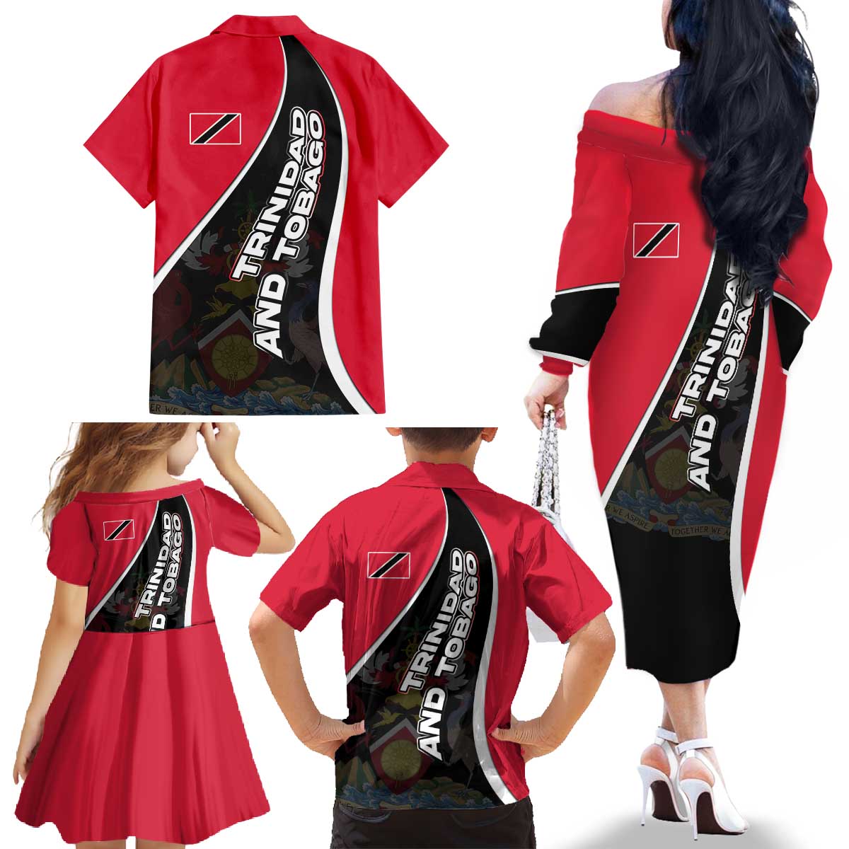 Trinidad and Tobago Flag Crest Design Family Matching Off The Shoulder Long Sleeve Dress and Hawaiian Shirt with Bold Red Black Diagonal Layout - Wonder Print Shop