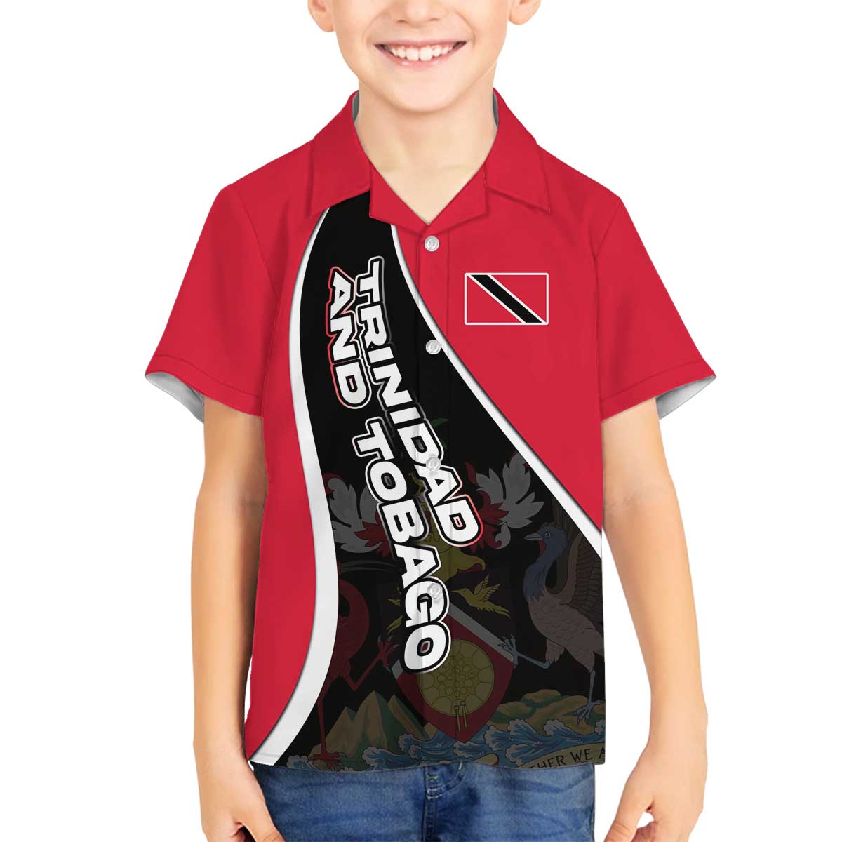 Trinidad and Tobago Flag Crest Design Family Matching Off The Shoulder Long Sleeve Dress and Hawaiian Shirt with Bold Red Black Diagonal Layout - Wonder Print Shop