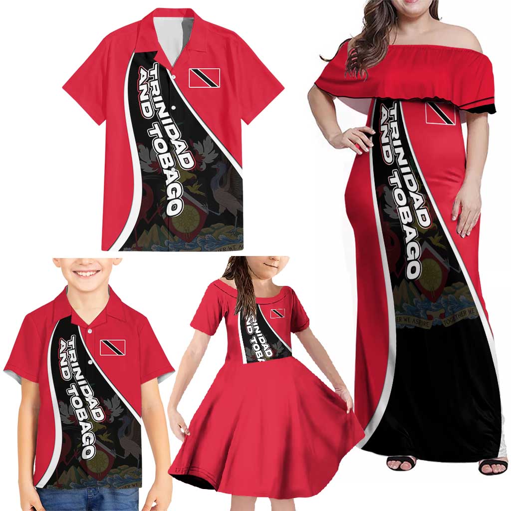 Trinidad and Tobago Flag Crest Design Family Matching Off Shoulder Maxi Dress and Hawaiian Shirt with Bold Red Black Diagonal Layout - Wonder Print Shop