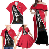 Trinidad and Tobago Flag Crest Design Family Matching Off Shoulder Maxi Dress and Hawaiian Shirt with Bold Red Black Diagonal Layout - Wonder Print Shop