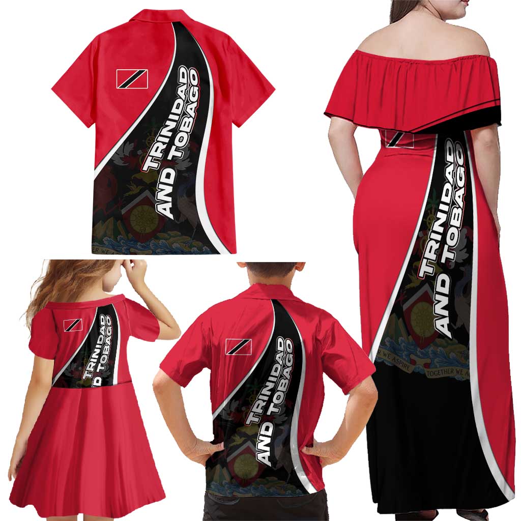 Trinidad and Tobago Flag Crest Design Family Matching Off Shoulder Maxi Dress and Hawaiian Shirt with Bold Red Black Diagonal Layout - Wonder Print Shop