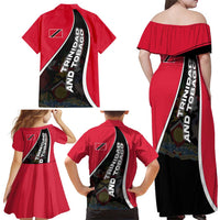 Trinidad and Tobago Flag Crest Design Family Matching Off Shoulder Maxi Dress and Hawaiian Shirt with Bold Red Black Diagonal Layout - Wonder Print Shop