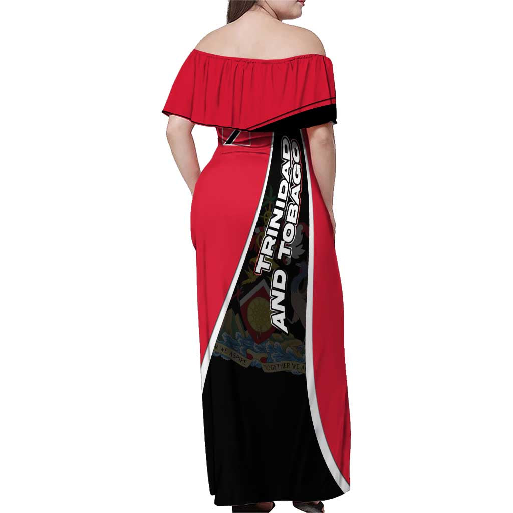 Trinidad and Tobago Flag Crest Design Family Matching Off Shoulder Maxi Dress and Hawaiian Shirt with Bold Red Black Diagonal Layout - Wonder Print Shop