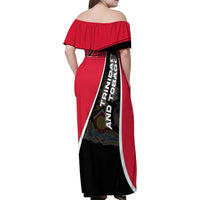 Trinidad and Tobago Flag Crest Design Family Matching Off Shoulder Maxi Dress and Hawaiian Shirt with Bold Red Black Diagonal Layout - Wonder Print Shop