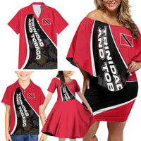 Trinidad and Tobago Flag Crest Design Family Matching Off Shoulder Short Dress and Hawaiian Shirt with Bold Red Black Diagonal Layout - Wonder Print Shop