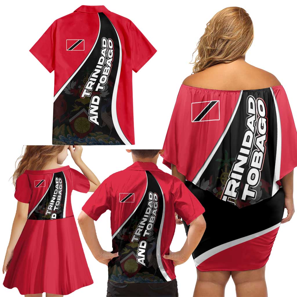 Trinidad and Tobago Flag Crest Design Family Matching Off Shoulder Short Dress and Hawaiian Shirt with Bold Red Black Diagonal Layout - Wonder Print Shop