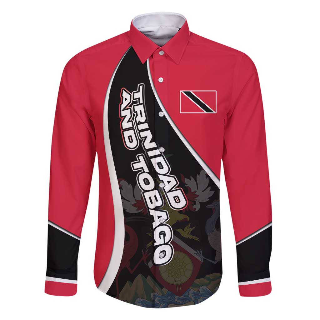 Trinidad and Tobago Flag Crest Design Family Matching Off Shoulder Short Dress and Hawaiian Shirt with Bold Red Black Diagonal Layout - Wonder Print Shop