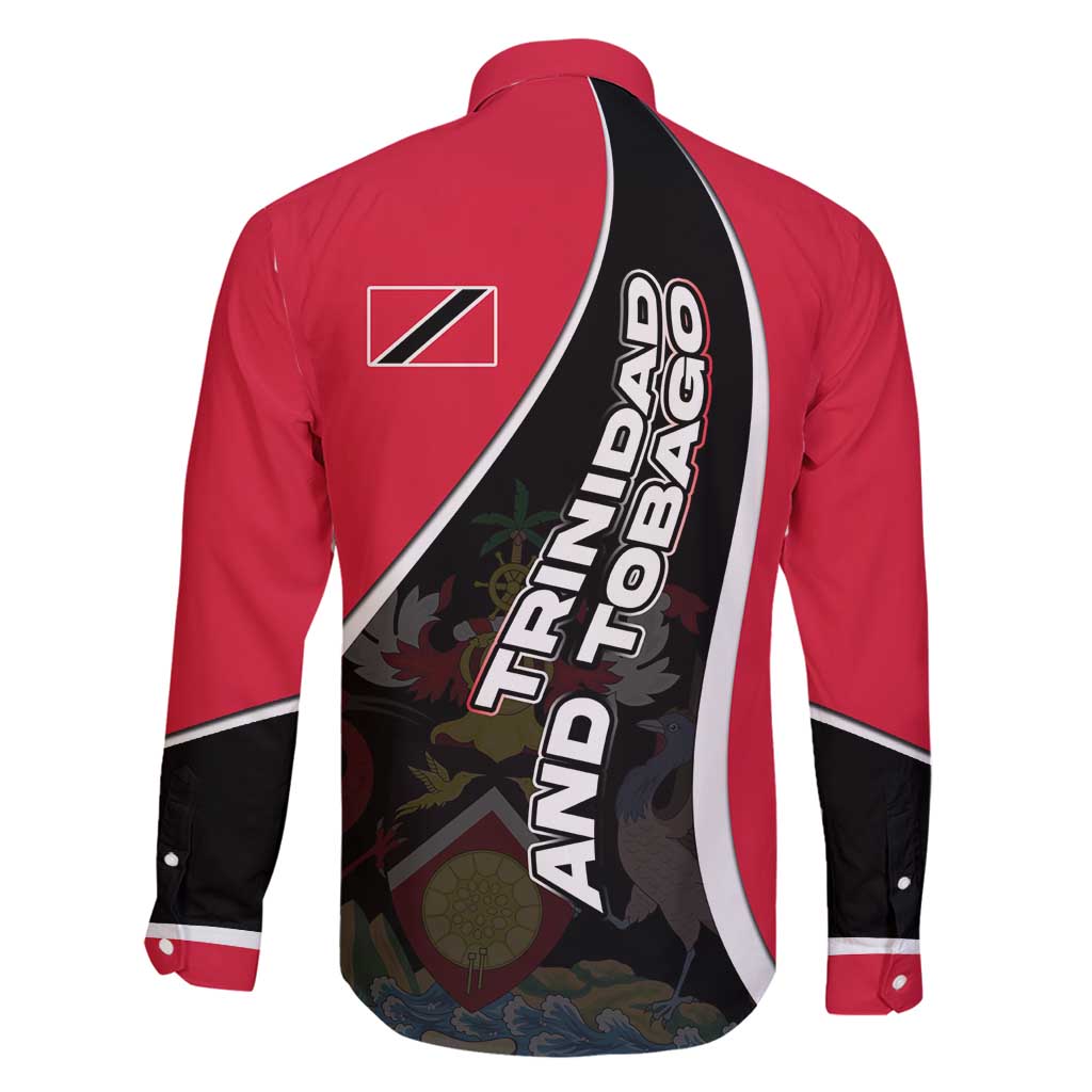 Trinidad and Tobago Flag Crest Design Family Matching Off Shoulder Short Dress and Hawaiian Shirt with Bold Red Black Diagonal Layout - Wonder Print Shop