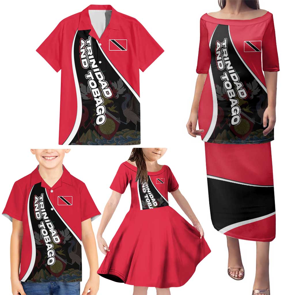 Trinidad and Tobago Flag Crest Design Family Matching Puletasi and Hawaiian Shirt with Bold Red Black Diagonal Layout - Wonder Print Shop