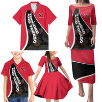 Trinidad and Tobago Flag Crest Design Family Matching Puletasi and Hawaiian Shirt with Bold Red Black Diagonal Layout - Wonder Print Shop