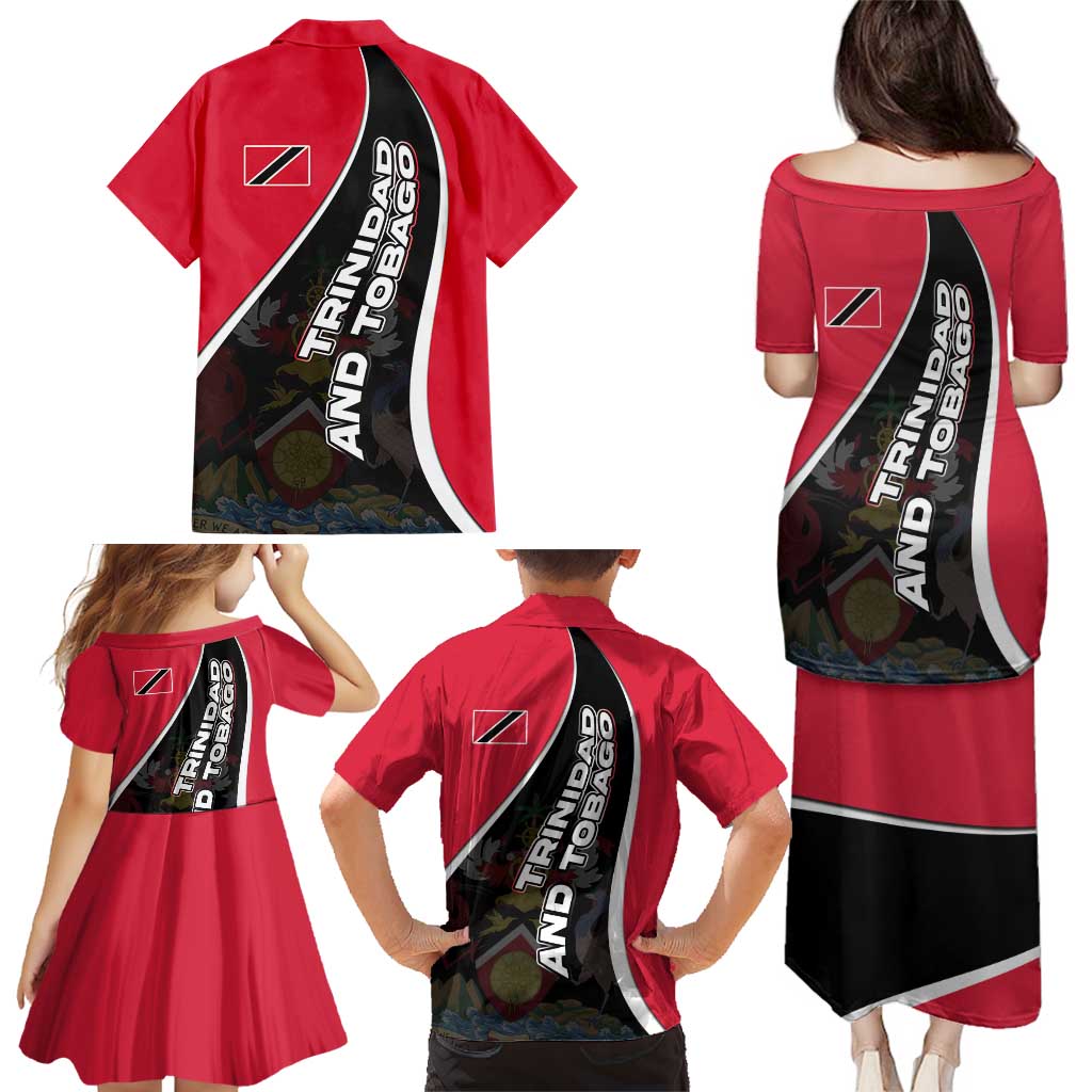 Trinidad and Tobago Flag Crest Design Family Matching Puletasi and Hawaiian Shirt with Bold Red Black Diagonal Layout - Wonder Print Shop