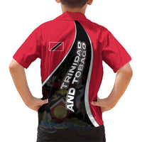 Trinidad and Tobago Flag Crest Design Family Matching Short Sleeve Bodycon Dress and Hawaiian Shirt with Bold Red Black Diagonal Layout - Wonder Print Shop